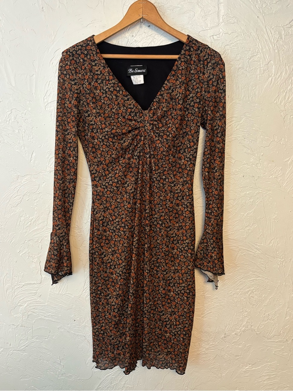Vintage 90s Brown Floral Long-Sleeve V-Neck Dress